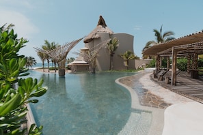 Outdoor pool, pool umbrellas, pool loungers