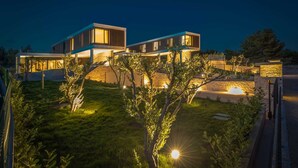 Een modern huis met twee verdiepingen, een goed verlichte tuin en stenen muren.
