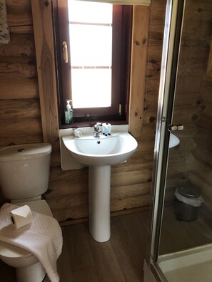 Shower - Lakeside Log Cabin with hot tub overlooking the water. (Felton)