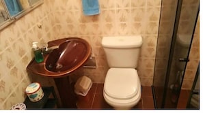 Chuveiro, toalhas de banho, sabonete, papel higiênico