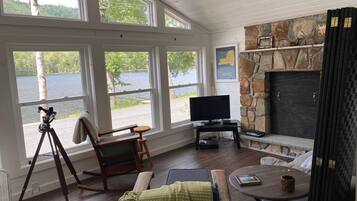 Smart TV, caminetto, lettore DVD, libri