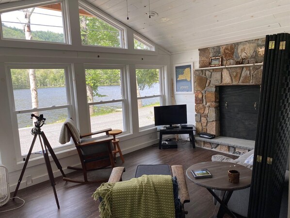 Smart TV, chimenea, reproductor de DVD y libros