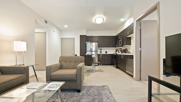 A modern apartment with a living room, kitchen, and dining area.