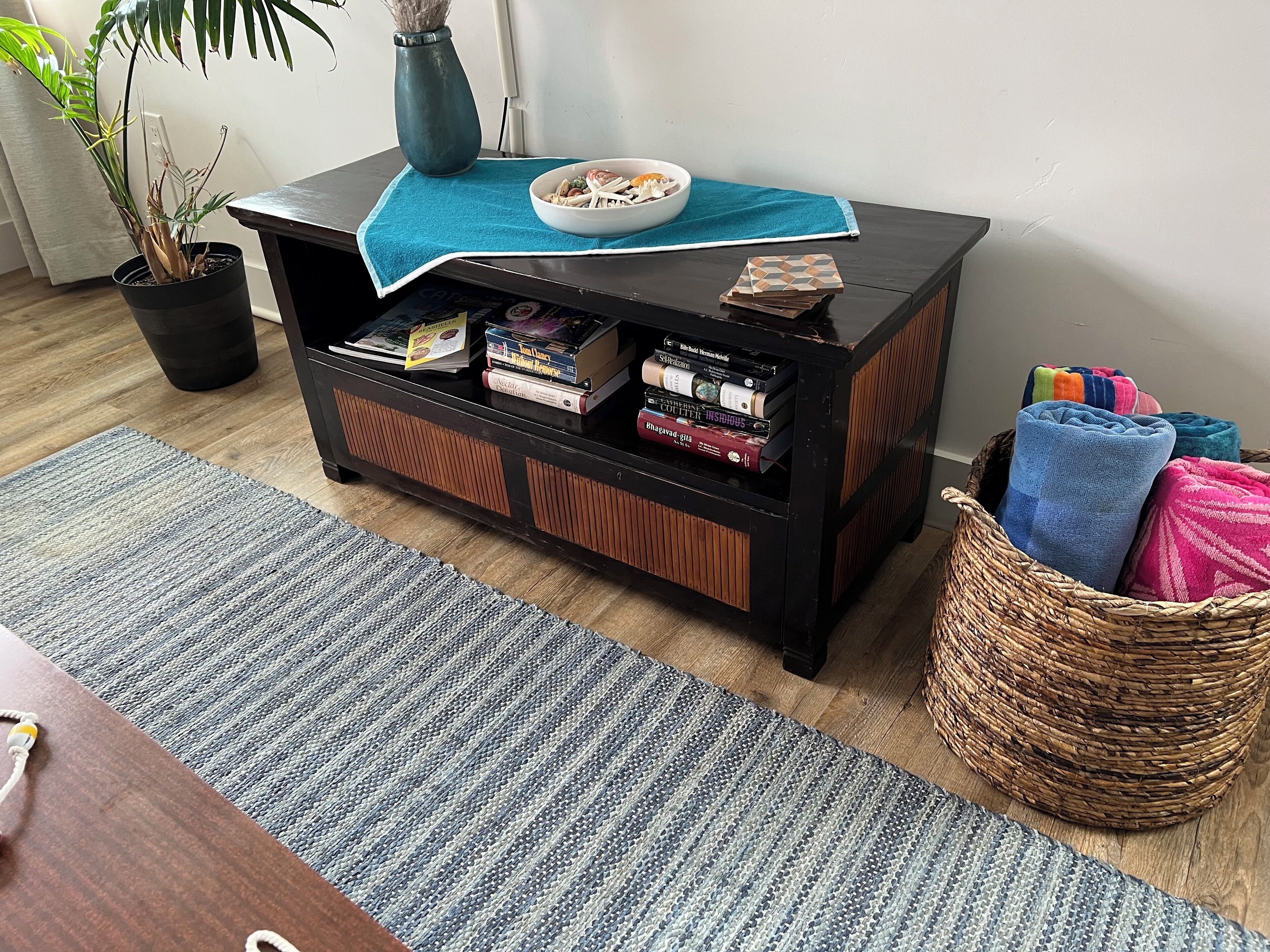 Une pièce comprenant un meuble de rangement noir pour appareils électroniques, une plante en pot, un bol de nourriture, un tapis bleu, une pile de livres et un panier tressé contenant des serviettes.