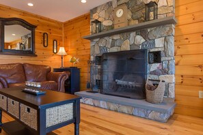 TV connectée, cheminée, livres, chaîne hi-fi