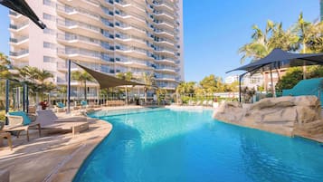 Outdoor pool, pool umbrellas, pool loungers