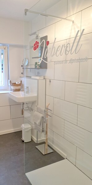 Douche, sèche-cheveux, serviettes fournies, savon