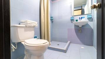 A bathroom with a toilet, a sink, and a shower area.