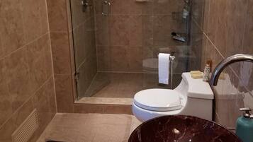 Shower, eco-friendly toiletries, hair dryer, towels