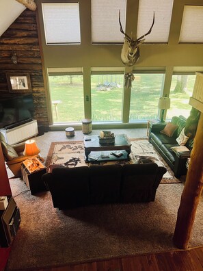 Smart-TV, peis, DVD-spiller og bøker