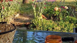 A garden patio with a table, chairs, and a small water feature. - Charm restored (SEUR)
