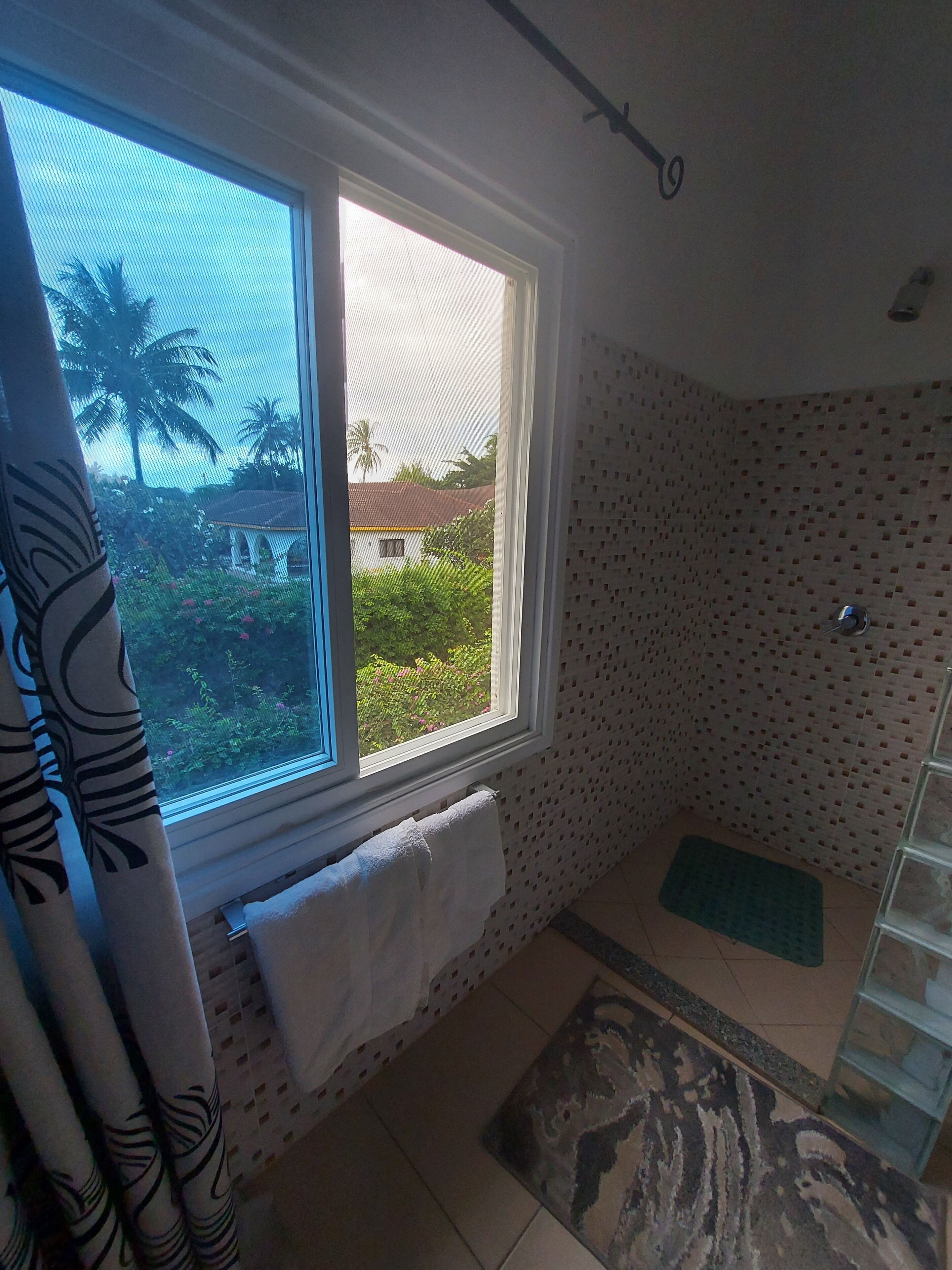 A bathroom with a window, a towel rack, a shower area, and a patterned rug.