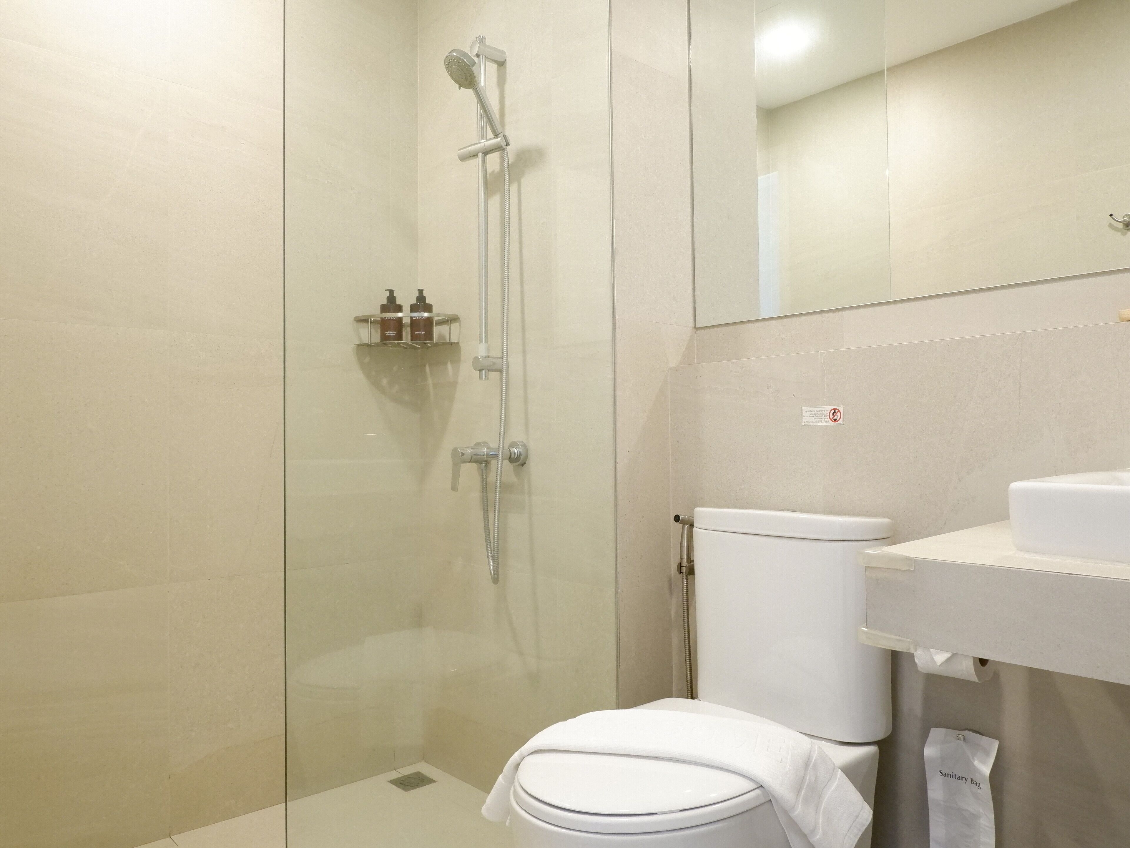 Een moderne badkamer met een douche met glazen wand, een wit toilet en een wastafel met een spiegel erboven.