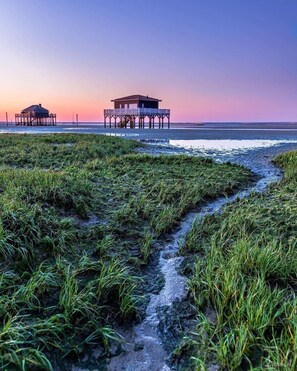 A coastal scene with a pier and a building, surrounded by tidal flats and grasses.