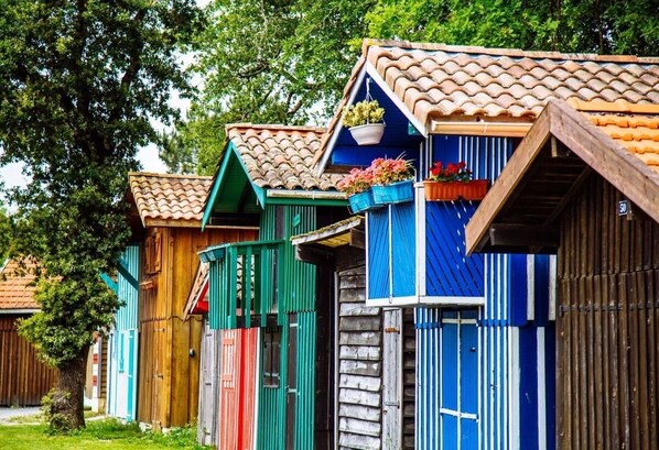 A row of colorful wooden houses with tiled roofs and flower baskets.