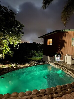 Swim under the stars in our serene pool surrounded by lush trees and a charming residential building.