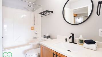 A modern bathroom with a shower, toilet, sink, and mirror.