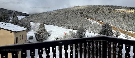 A balcony with a view of a snow-covered landscape, including trees and a building.