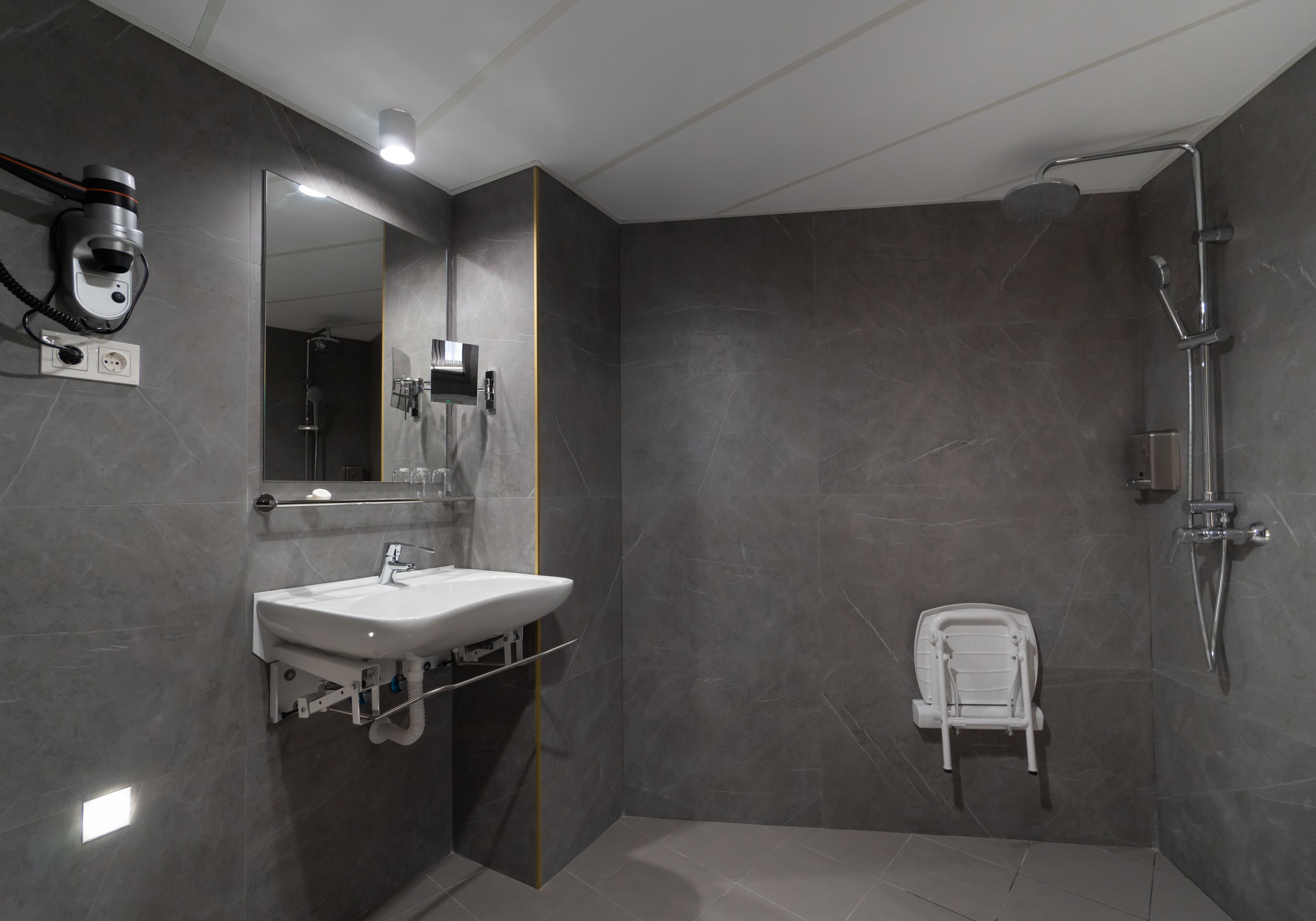 double room | bathroom | shower, rainfall showerhead, hair dryer, towels