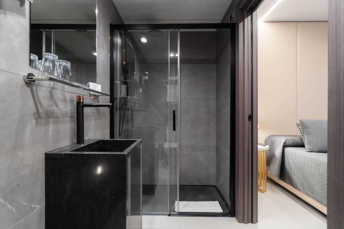 economy double room | bathroom | shower, rainfall showerhead, hair dryer, towels