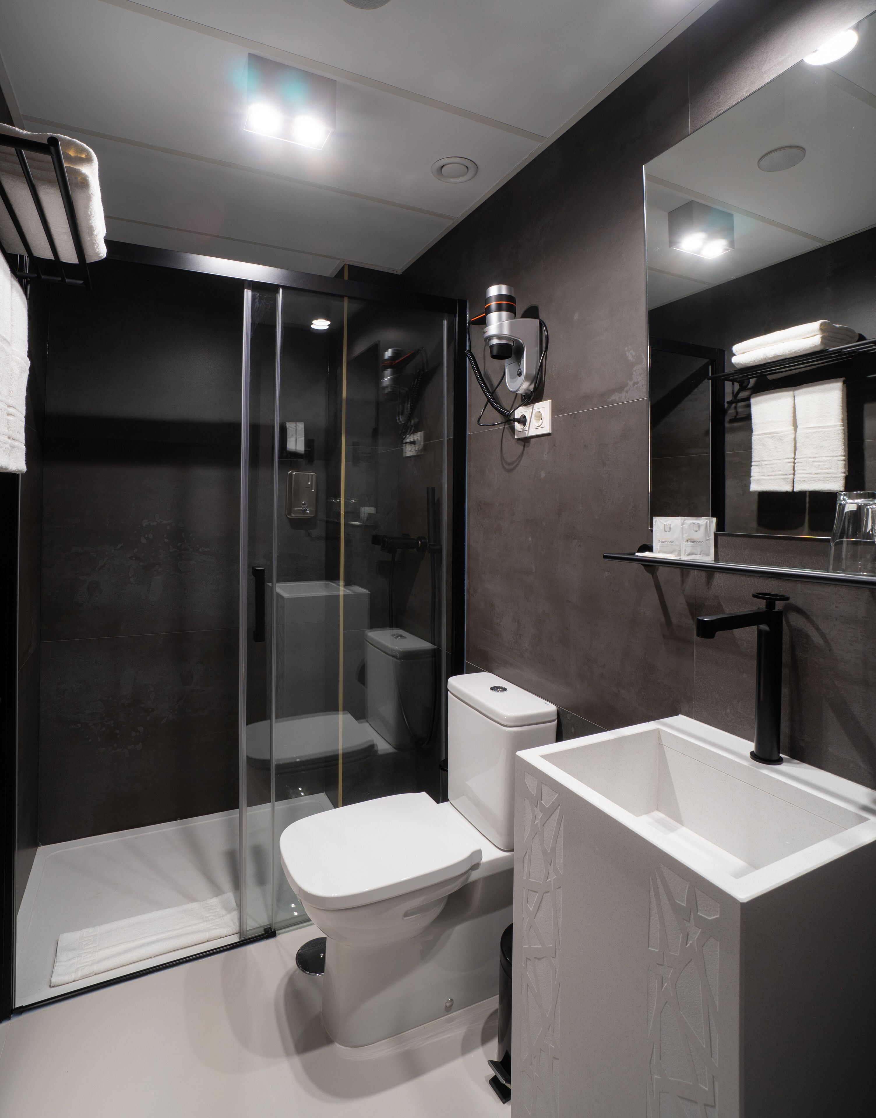 classic double or twin room | bathroom | shower, rainfall showerhead, hair dryer, towels