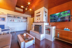 Family Villa, Multiple Bedrooms, 2 Bathrooms (Villa Revita Kourouta beach) | Living area | 21-inch flat-screen TV with satellite channels, TV, fireplace