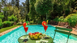 Un espace aménagé au bord de la piscine, avec une table, des chaises et un banc.