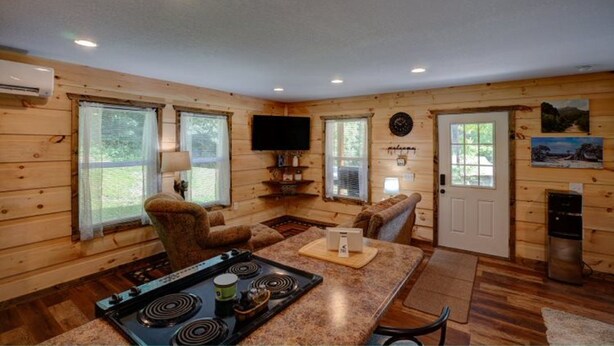A cozy cabin interior with a kitchen area featuring a stove, a dining table, and a seating area with a couch. - Dragon's Nest Mountain View (Robbinsville)