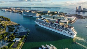 A large cruise ship docked at a port with multiple terminals and a bridge in the background. - YOTEL Miami (Miami)