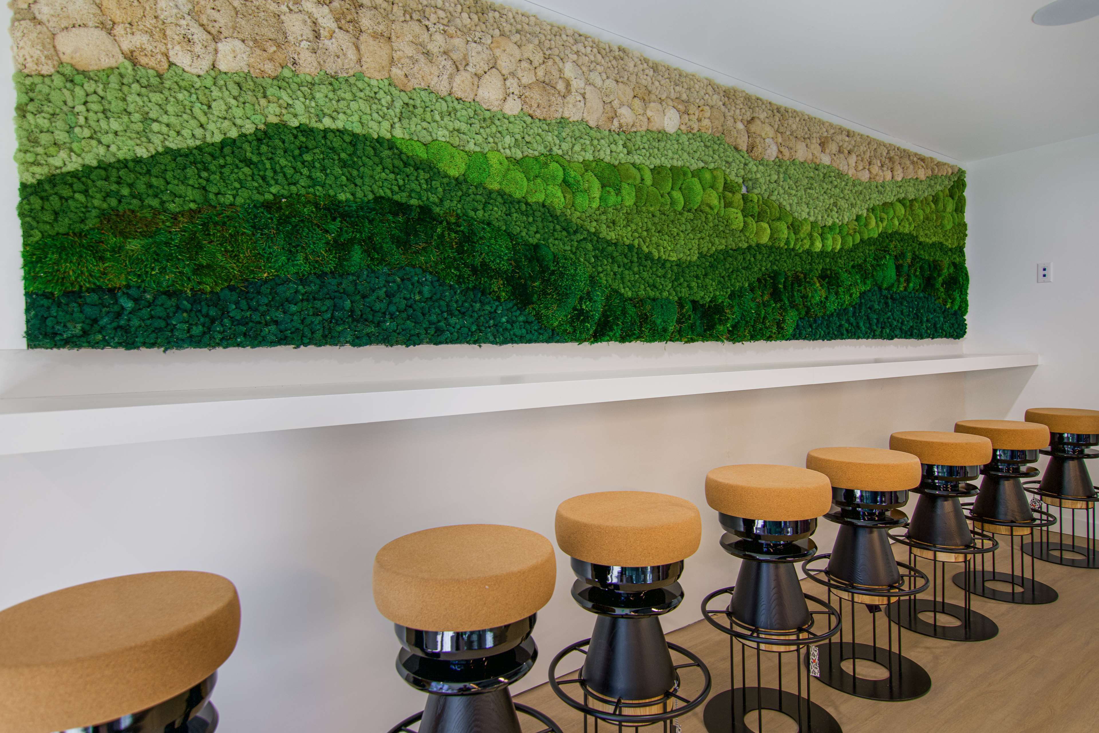 A room with a wall-mounted green moss art piece and a row of stools with round tops.
