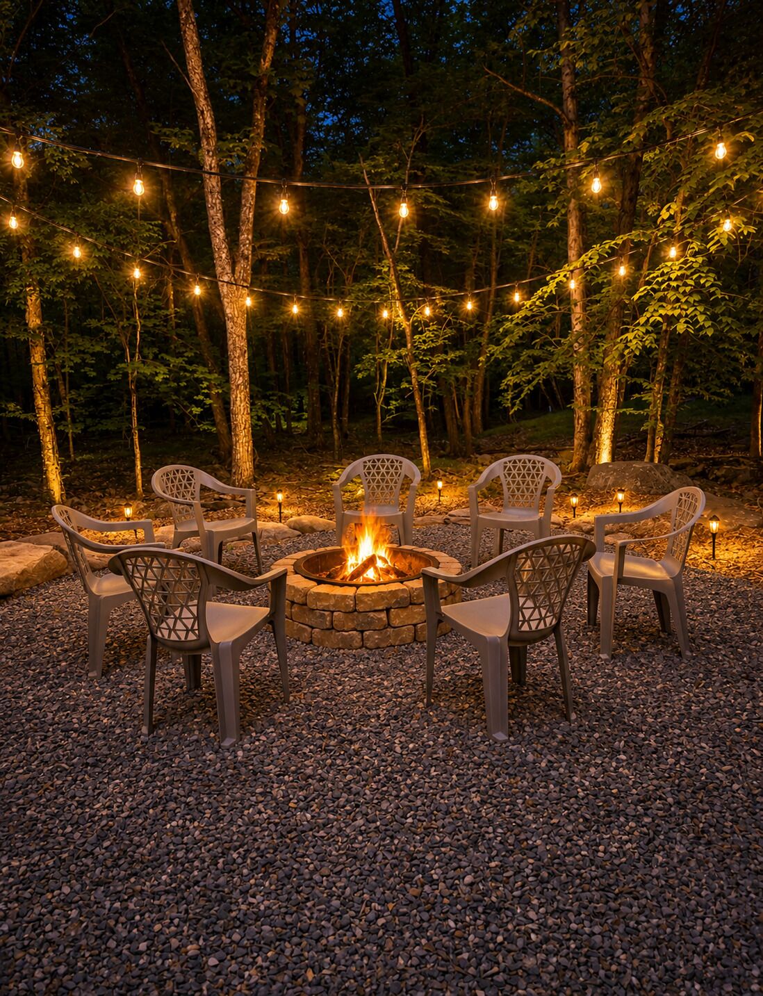 An outdoor seating area with a fire pit surrounded by chairs, string lights, and a forest backdrop.