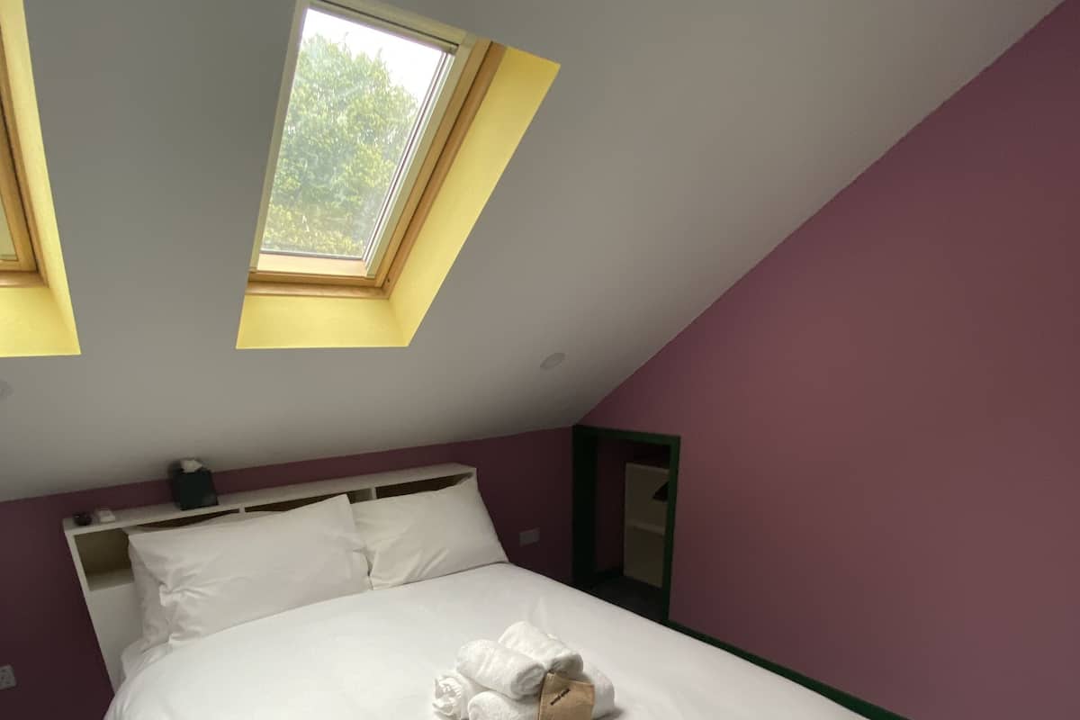 A bedroom with a bed, a skylight, and a mirror.