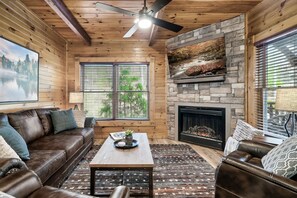 Flat-screen TV, fireplace, DVD player