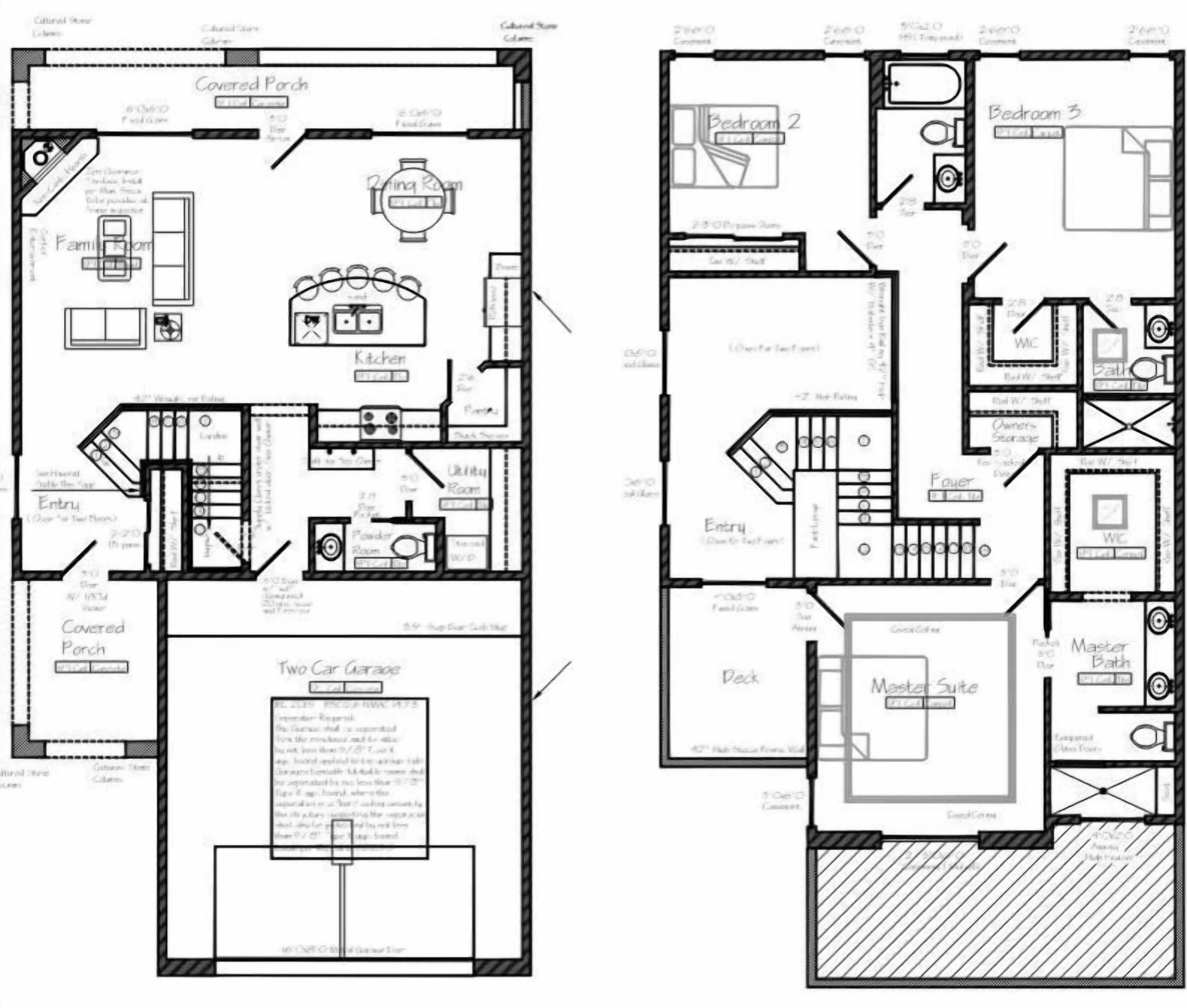 Plano de planta que muestra un porche cubierto, cocina, garaje para dos autos y suite principal.