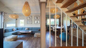Fireplace, books, music library, stereo