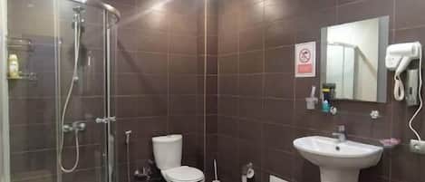 Shower, towels, soap, toilet paper