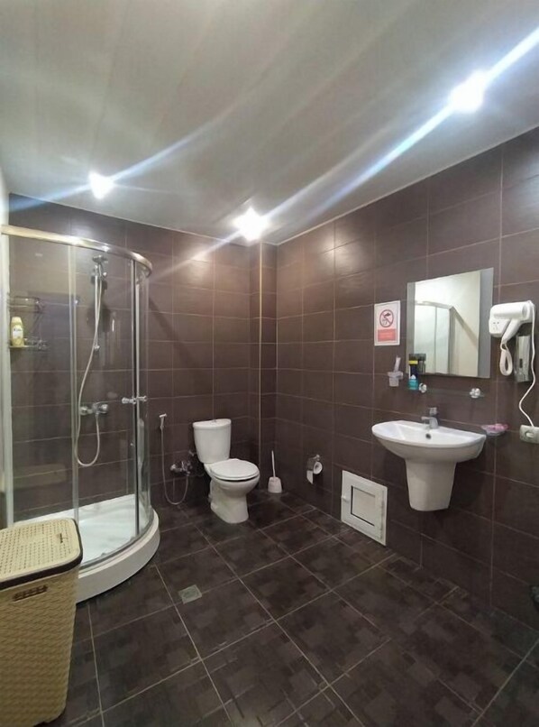 Shower, towels, soap, toilet paper
