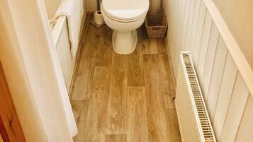 Combined shower/bathtub, hair dryer, towels, soap