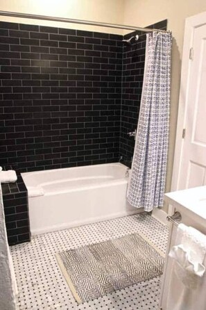 Combined shower/tub, hair dryer