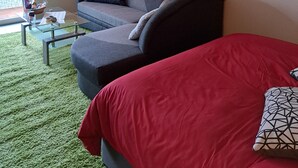 A modern living room with a grey sofa, a red bed, and abstract wall art.