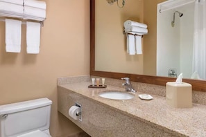 Combined shower/tub, hair dryer, towels, soap