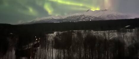 A snowy mountain with a forest in the foreground and the aurora borealis in the sky.