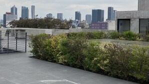 Een terras op het dak met uitzicht op een stadshemel, met moderne gebouwen en een betonnen constructie.