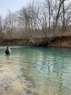 A person wading in a clear river surrounded by leafless trees.