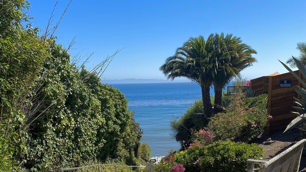 Eine Bank mit Blick auf eine Küstenlandschaft, die einen uneingeschränkten Blick auf das Meer bietet, und einem Verbotsschild.