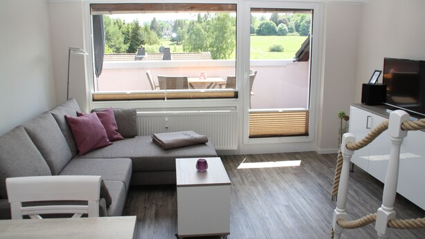 En moderne stue med en grå sofa, et lille hvidt bord og et fjernsyn på et skab. Store vinduer giver udsigt til en balkon og grønne omgivelser.