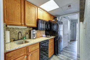 Fridge, microwave, dishwasher, coffee/tea maker