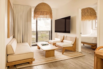 2 Bedroom Suite | Living area | 50-inch flat-screen TV with digital channels, TV at Flow Fort Lauderdale Hotel