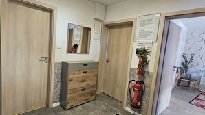 A hallway with wooden doors, a mirror, a fire extinguisher, and a small plant. - Apartment Fulda 65m² up to 6 pers. (Fulda)
