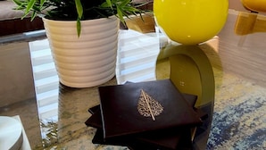 A modern living room with a glass coffee table, a potted plant, a yellow vase, and a lamp.